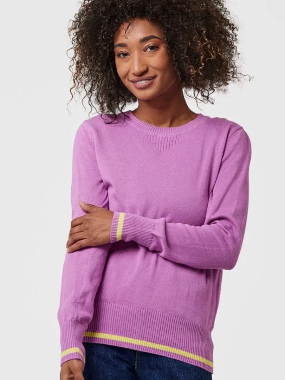 Pact Sweater Organic Cotton Crew Neck Womens Small Purple with Yellow Stripe